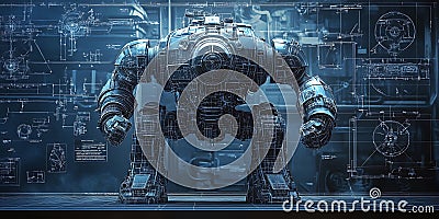 Blueprint of a Giant Mechanical Golem Showing Inner Mechanisms for Sci-Fi Robotics, Fantasy Art, or Advanced Engineering Stock Photo
