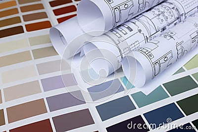 Blueprint of home and paint color palette Stock Photo