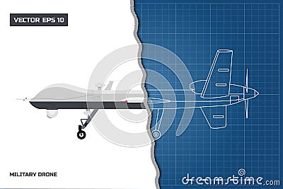 Blueprint of military drone in outline style. Side view. Army aircraft for intelligence and attack Vector Illustration