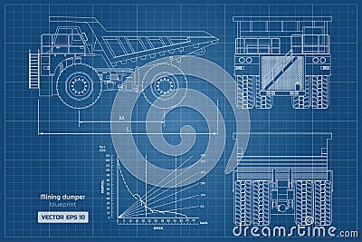 Blueprint of mining dumper. Side, back and front view. Outline heavy truck image. Industrial drawing of cargo car Vector Illustration