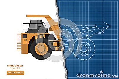 Blueprint of mining dumper. Side, back and front view. Outline heavy truck image. Industrial drawing of cargo car. Vector Illustration