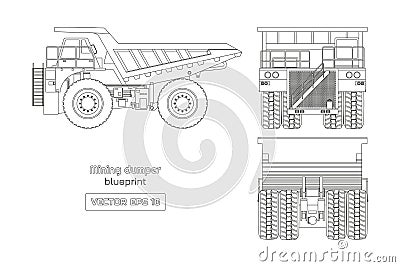 Blueprint of mining dumper on white background. Side, back and front view. Outline heavy truck image. Industrial drawing Vector Illustration