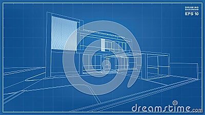 Blueprint Perspective. 3D render of tropical house wireframe. Vector illustration of house construction Vector Illustration