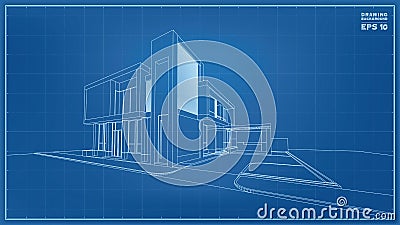 Blueprint Perspective. 3D render of tropical house wireframe. Vector illustration of house construction Vector Illustration