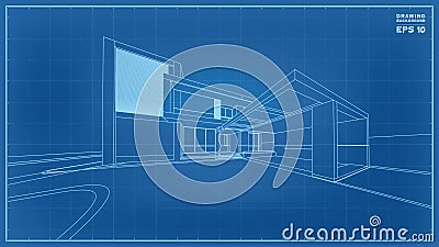 Blueprint Perspective. 3D render of tropical house wireframe. Vector illustration of house construction Vector Illustration