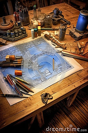 blueprint plans and tools on a wooden workbench Stock Photo