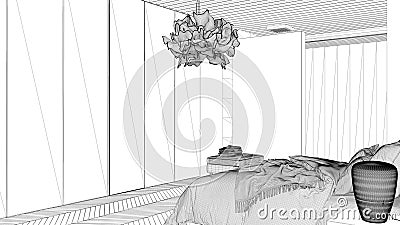 Blueprint project draft, minimalist bedroom in contemporary space with parquet floor, shower, wooden floor, bed, big wardrobe, Stock Photo