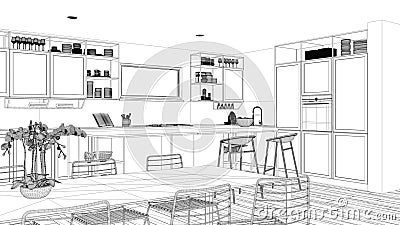 Blueprint project draft, penthouse minimalist kitchen interior design, island and stools, dining table, cabinet and accessories, Stock Photo