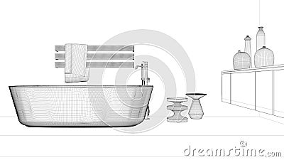 Blueprint project draft, showcase bathroom interior design, glass freestanding bathtub. Cabinet with vases, minimalist rack towel Stock Photo