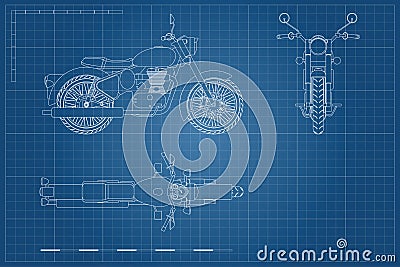 Blueprint of retro classic motorcycle in outline style. Side, top and front view. Industrial drawing of motorbike Vector Illustration