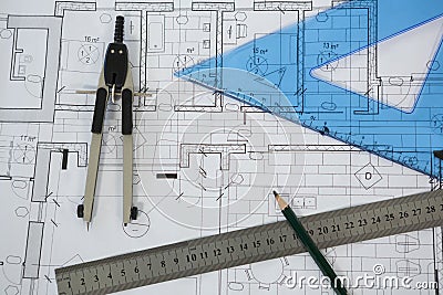 Blueprint with ruler, pencil and thumbscrew compasses Stock Photo