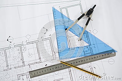 Blueprint with ruler, pencil and thumbscrew compasses Stock Photo