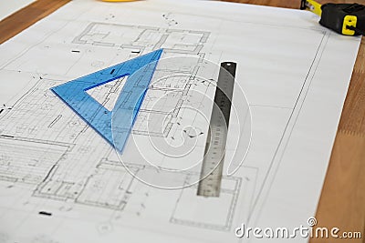 Blueprint with ruler on table Stock Photo