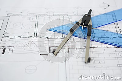 Blueprint with ruler and thumbscrew compasses Stock Photo