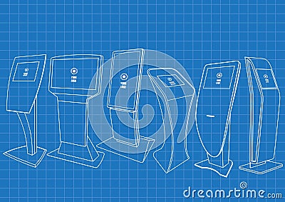 Blueprint of six Promotional Interactive Information Kiosk, Advertising Display, Terminal Stand, Touch Screen Display. Vector Illustration