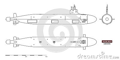 Blueprint of submarine. Military ship. Top, front and side view. Battleship model. Industrial drawing. Warship Vector Illustration