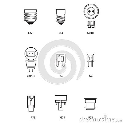 Blueprint, technical draw of different bulb socket Vector Illustration