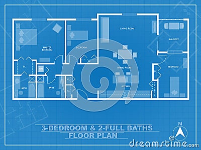 Blueprint of three bedroom plus two baths condo. Vector Vector Illustration