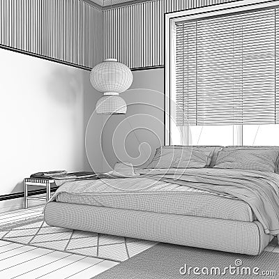 Blueprint unfinished project draft, farmhouse bedroom with wooden walls. Parquet floor, master bed, carpets and decors. Stock Photo