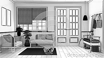 Blueprint unfinished project draft, farmhouse hallway and living room with frame mockup. Wooden bench, coat rack and sofa. Glass Stock Photo