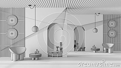 Blueprint unfinished project draft, metaphysical abstract interior design for flat living room, waiting and sitting space. Stock Photo