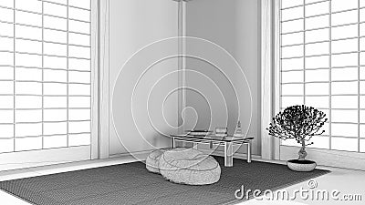 Blueprint unfinished project draft, minimal meditation room. Capet, table with Mala and bonsai. Wooden beams and paper doors. Stock Photo