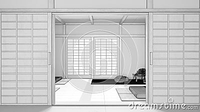 Blueprint unfinished project draft, minimal meditation room with paper door. Capet, pillows and tatami mats. Wooden beams and Stock Photo