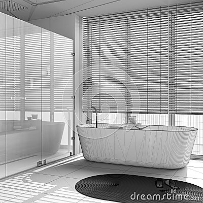 Blueprint unfinished project draft, modern wooden bathroom. Freestanding bathtub and shower with glass door and marble tiles floor Stock Photo