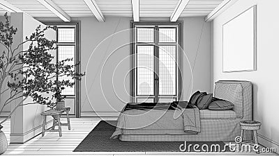 Blueprint unfinished project draft, scandinavian nordic wooden bedroom. Double bed with duvet and decors. Beams ceiling and Stock Photo