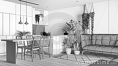 Blueprint unfinished project draft, urban jungle, kitchen and living room. Dining table, sofa and houseplants. Home garden Stock Photo