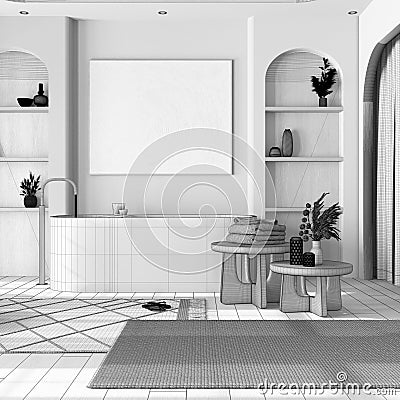 Blueprint unfinished project draft, wooden bathroom with parquet floor. Freestanding bathtub, carpets, coffee tables and curtains Stock Photo