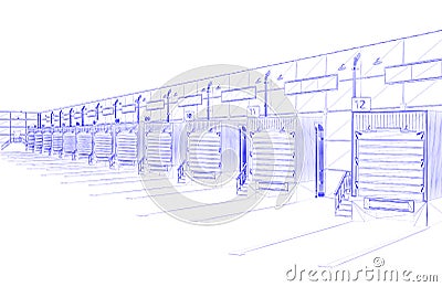 Blueprint of warehouse exterior with shutter doors and truck parking lots Stock Photo