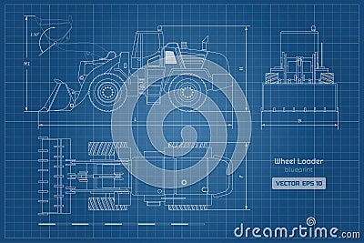 Blueprint of wheel loader. Top, side and front view. Diesel digger. Hydraulic machinery image. Industrial document Vector Illustration