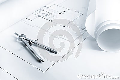 Blueprints with Drawing Compass Stock Photo