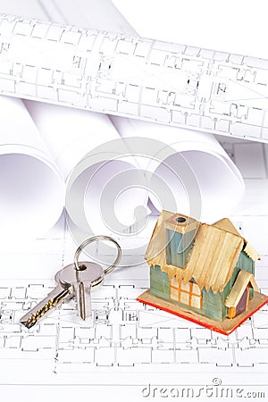 Blueprints and house Stock Photo