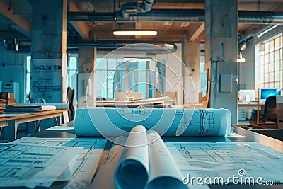 Blueprints and technical drawings sprawled in a project management office the blueprint of tomorrows energy Stock Photo