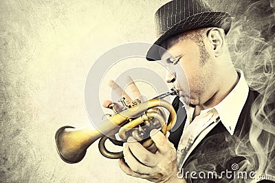 Blues man performing with his trumpet in the night Stock Photo