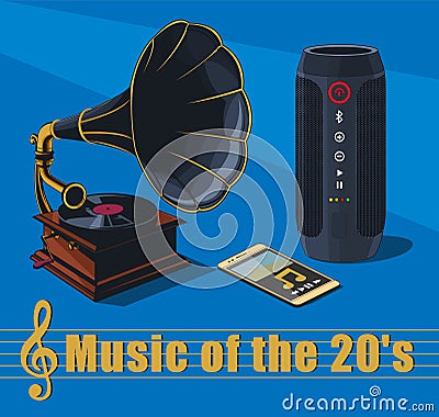 Bluetooth speaker and gramophone on a blue background music 1920 Vector Illustration