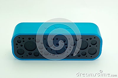 Bluetooth speakers for listening to music in blue. Stock Photo