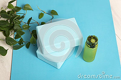 Bluey yoga mat, bottle with water and yoga bricks. Stretching tools. Workout at home Stock Photo