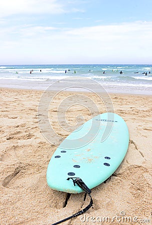 Surf Board - Blue and Green, Golden Sand Beach, Crowd Water Stock Photo