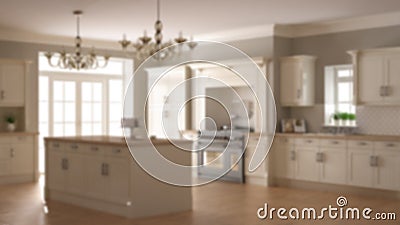 Blur background interior design, classic vintage luxury kitchen, island with two big chandeliers pendant lamps and big window, Stock Photo