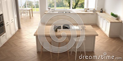 Blur background interior design, modern white scandinavia kitchen with big windows Stock Photo
