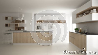 Blur background interior design, modern white scandinavia kitchen with wooden and white details Stock Photo