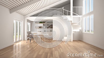 Blur background, minimalist open space, white kitchen with mezzanine and modern spiral staircase, loft with bedroom, concept inter Stock Photo
