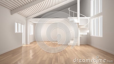 Blur background, white modern empty interior, open space with mezzanine and minimalist spiral staircase, concept design Stock Photo