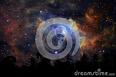 blur blue bubble nebula back on night cloud sky silhouette on tree Stock Photo