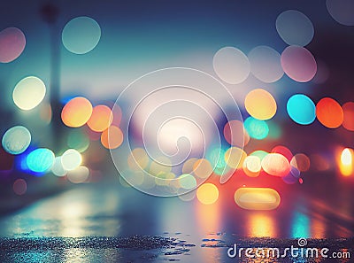 blur bokeh night city street colorful. after rain wet asphalt road light color reflection for background Stock Photo