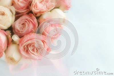 Blur effect, soft focus flowers background with bouquet of pale pink roses Stock Photo