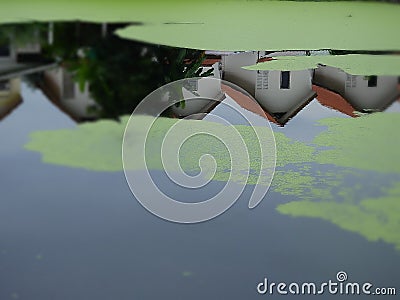Blur red roof houses reflection in lake Stock Photo